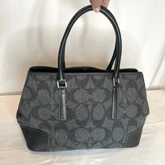Coach Signature Wool & Leather Shoulder Tote Bag Gray & Black Purse - Picture 1 of 7